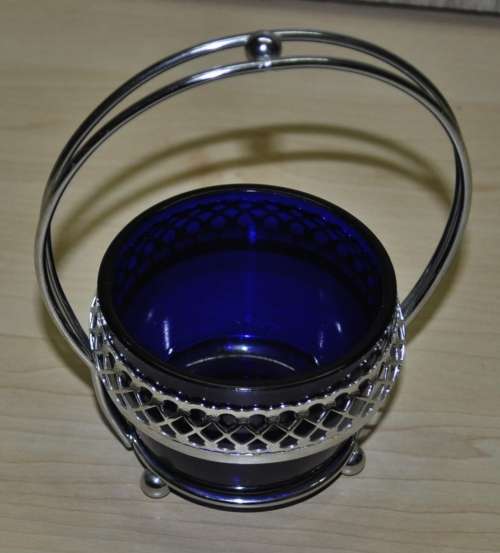 Vintage Cobalt Blue Glass Bowl in Silver Plated Basket Cradle Candy Dish