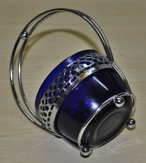 Vintage Cobalt Blue Glass Bowl in Silver Plated Basket Cradle Candy Dish