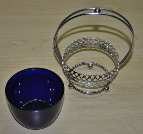 Vintage Cobalt Blue Glass Bowl in Silver Plated Basket Cradle Candy Dish