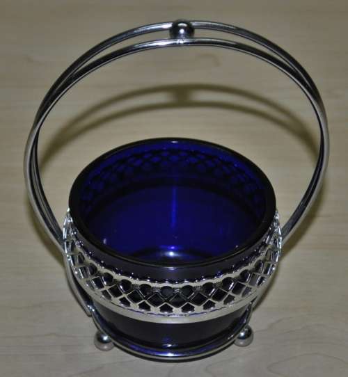 Vintage Cobalt Blue Glass Bowl in Silver Plated Basket Cradle Candy Dish