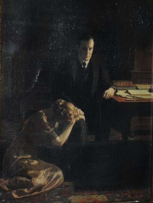 Antique Reproduction Painting Titled `A Fallen Icon` by J Collier Copyright 1913 Framed behind glass