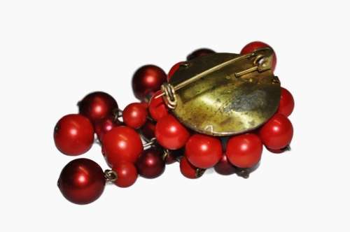 Vintage Gilt Brooch Pin with Dangling Lucite Moonglow Beads