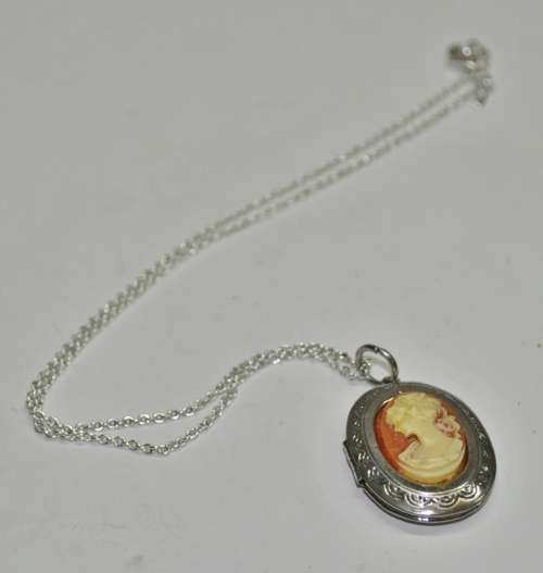 Vintage Victorian style silver tone Cameo locket necklace signed by AVON jewellery producer SAQ