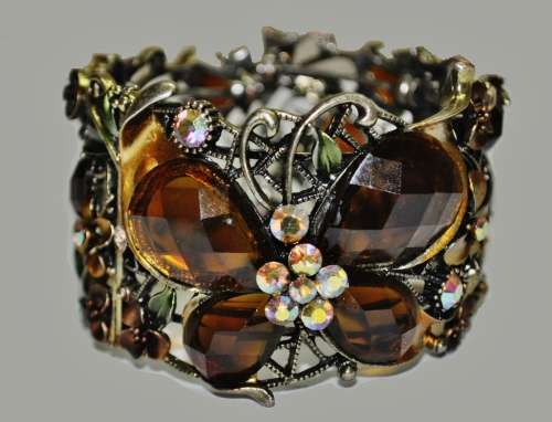 Vintage Antique Brass tone Enamel, Faceted Topaz Rhinestone and Aurora Borealis Clamper Bracelet