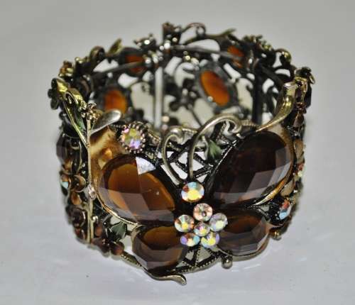 Vintage Antique Brass tone Enamel, Faceted Topaz Rhinestone and Aurora Borealis Clamper Bracelet