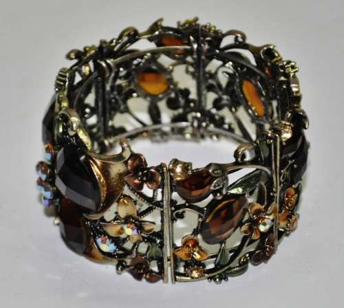 Vintage Antique Brass tone Enamel, Faceted Topaz Rhinestone and Aurora Borealis Clamper Bracelet