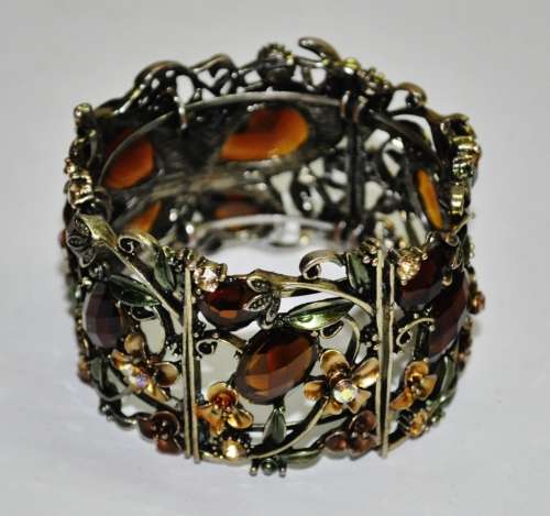 Vintage Antique Brass tone Enamel, Faceted Topaz Rhinestone and Aurora Borealis Clamper Bracelet