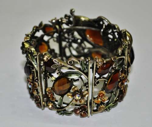 Vintage Antique Brass tone Enamel, Faceted Topaz Rhinestone and Aurora Borealis Clamper Bracelet