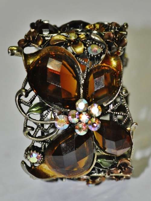 Vintage Antique Brass tone Enamel, Faceted Topaz Rhinestone and Aurora Borealis Clamper Bracelet