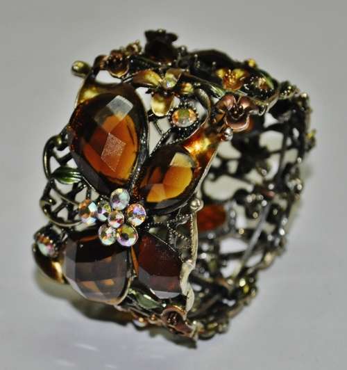 Vintage Antique Brass tone Enamel, Faceted Topaz Rhinestone and Aurora Borealis Clamper Bracelet