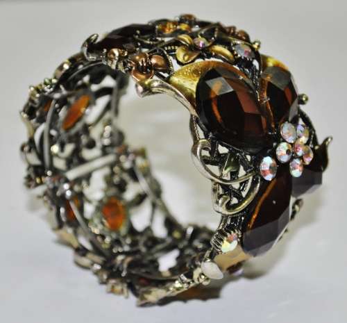 Vintage Antique Brass tone Enamel, Faceted Topaz Rhinestone and Aurora Borealis Clamper Bracelet