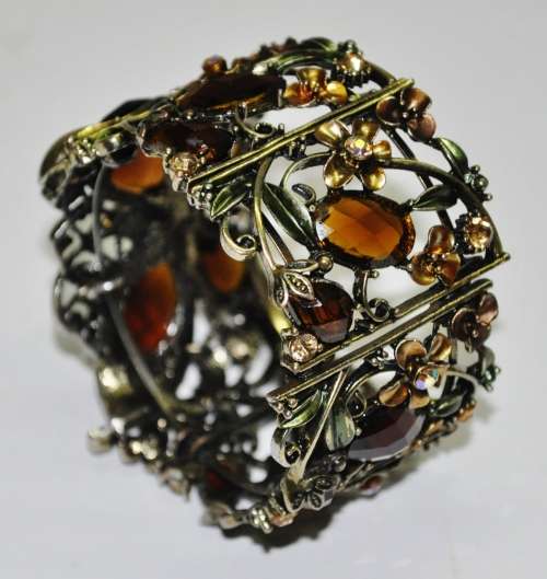 Vintage Antique Brass tone Enamel, Faceted Topaz Rhinestone and Aurora Borealis Clamper Bracelet