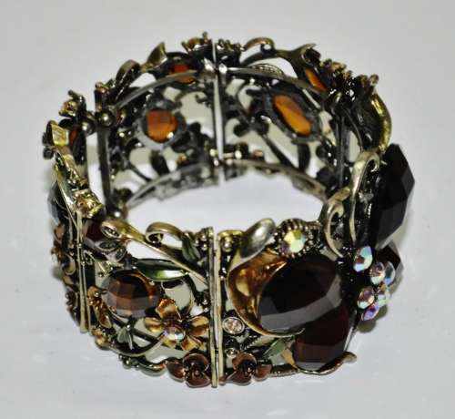 Vintage Antique Brass tone Enamel, Faceted Topaz Rhinestone and Aurora Borealis Clamper Bracelet