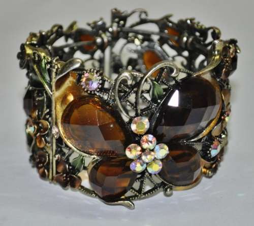 Vintage Antique Brass tone Enamel, Faceted Topaz Rhinestone and Aurora Borealis Clamper Bracelet