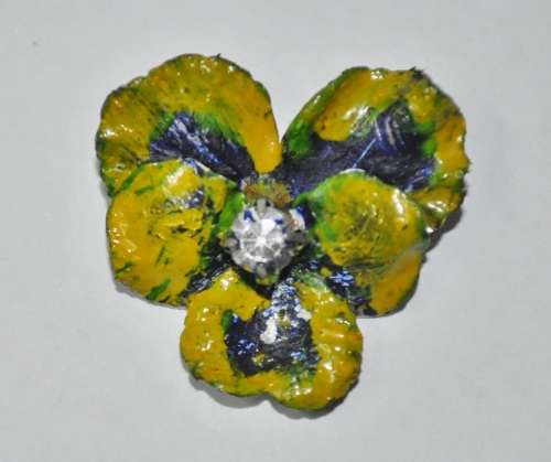 Vintage Silver Tone Tri-colour Enamel and Rhinestone Viola/Pansy Brooch Pin