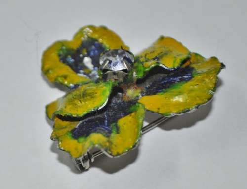 Vintage Silver Tone Tri-colour Enamel and Rhinestone Viola/Pansy Brooch Pin