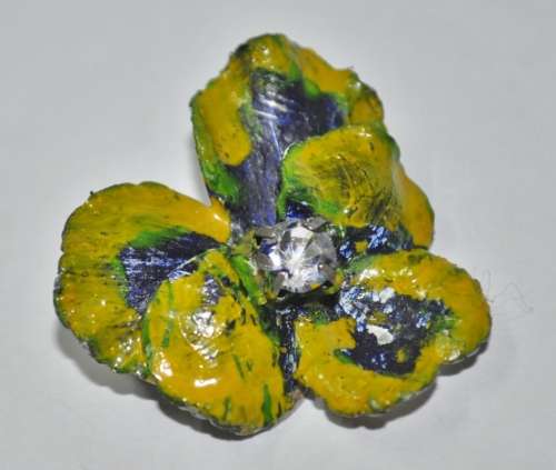 Vintage Silver Tone Tri-colour Enamel and Rhinestone Viola/Pansy Brooch Pin