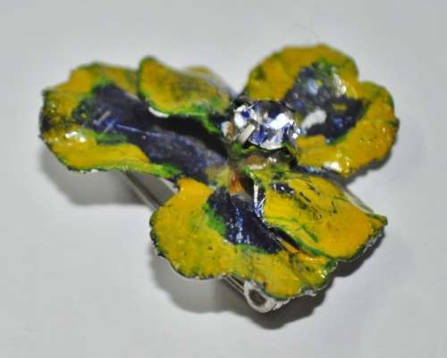 Vintage Silver Tone Tri-colour Enamel and Rhinestone Viola/Pansy Brooch Pin