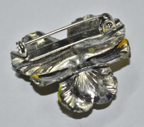 Vintage Silver Tone Tri-colour Enamel and Rhinestone Viola/Pansy Brooch Pin