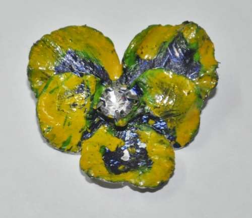 Vintage Silver Tone Tri-colour Enamel and Rhinestone Viola/Pansy Brooch Pin