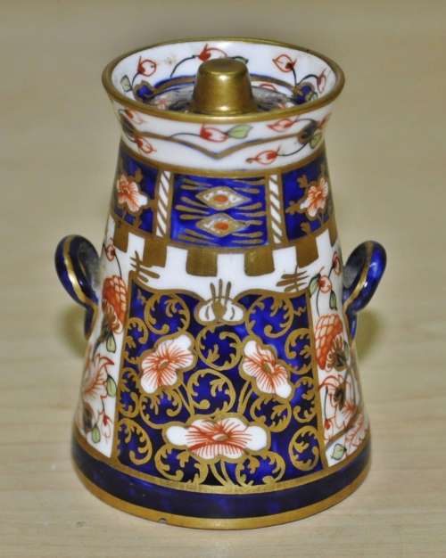 Antique Royal Crown Derby Imari Pattern 6299, Derby Witches, Miniature Butter Churn, dated 1912