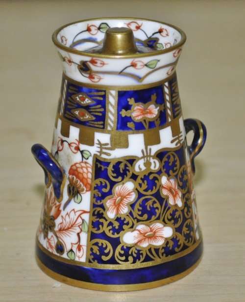 Antique Royal Crown Derby Imari Pattern 6299, Derby Witches, Miniature Butter Churn, dated 1912