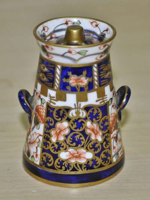 Antique Royal Crown Derby Imari Pattern 6299, Derby Witches, Miniature Butter Churn, dated 1912