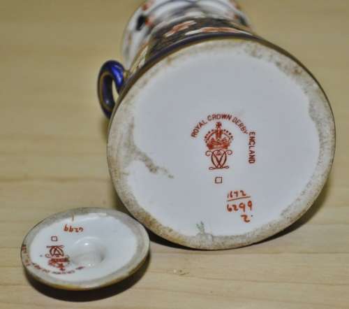Antique Royal Crown Derby Imari Pattern 6299, Derby Witches, Miniature Butter Churn, dated 1912