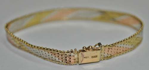 Vintage Italian 9ct Tri-Colour (Yellow, White and Rose) Gold Mesh Bracelet marked `375 Italy`