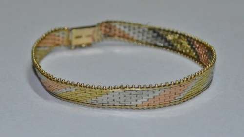 Vintage Italian 9ct Tri-Colour (Yellow, White and Rose) Gold Mesh Bracelet marked `375 Italy`