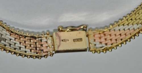 Vintage Italian 9ct Tri-Colour (Yellow, White and Rose) Gold Mesh Bracelet marked `375 Italy`