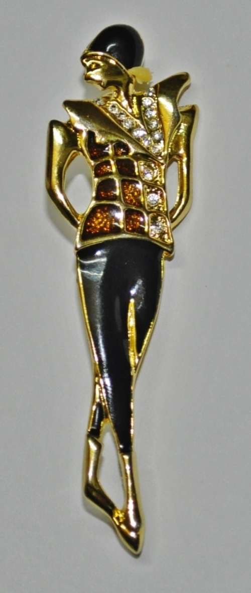 Vintage Gold Tone Art Deco Style Enamel and Rhinestone Figural Woman Brooch Pin