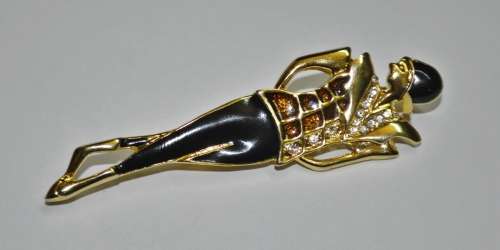 Vintage Gold Tone Art Deco Style Enamel and Rhinestone Figural Woman Brooch Pin