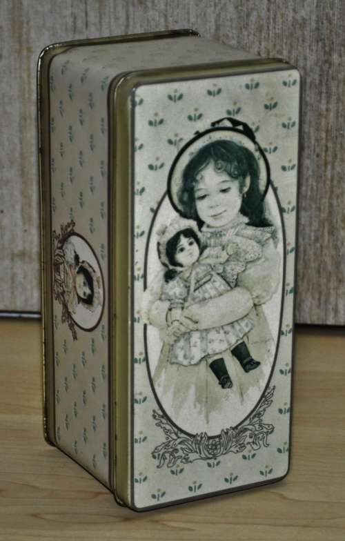 Vintage General Storage Tin Decorated with a Girl and her Doll made in Hong Kong for The B+J Co. USA