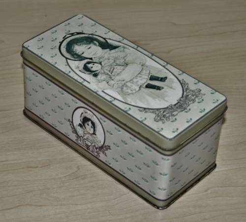 Vintage General Storage Tin Decorated with a Girl and her Doll made in Hong Kong for The B+J Co. USA