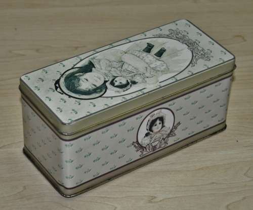 Vintage General Storage Tin Decorated with a Girl and her Doll made in Hong Kong for The B+J Co. USA