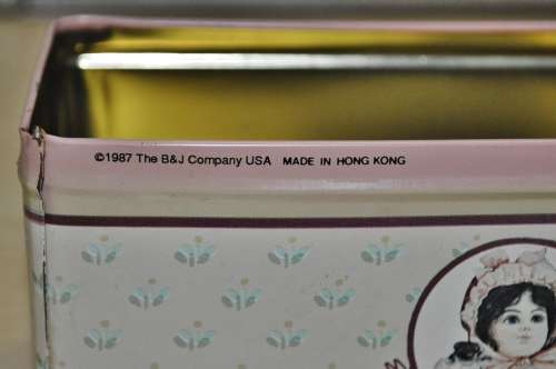 Vintage General Storage Tin Decorated with a Girl and her Doll made in Hong Kong for The B+J Co. USA