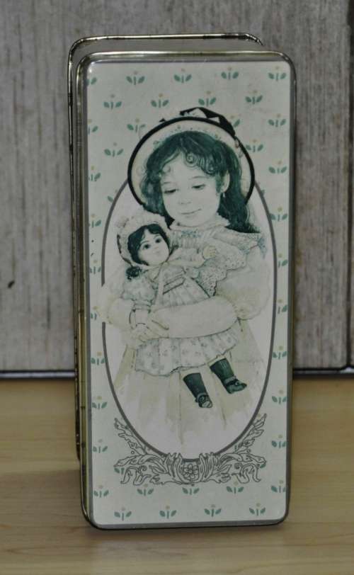 Vintage General Storage Tin Decorated with a Girl and her Doll made in Hong Kong for The B+J Co. USA