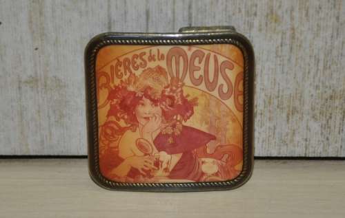Vintage Brass Masterwork Belt Buckle decorated with Bieres de la Meuse by Alphonse Mucha c1970