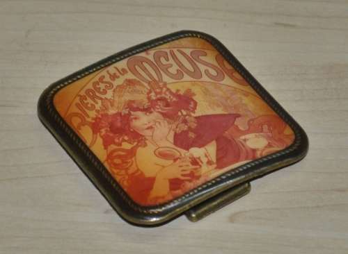 Vintage Brass Masterwork Belt Buckle decorated with Bieres de la Meuse by Alphonse Mucha c1970