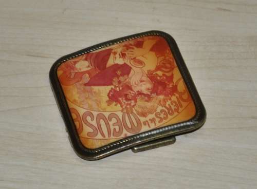 Vintage Brass Masterwork Belt Buckle decorated with Bieres de la Meuse by Alphonse Mucha c1970