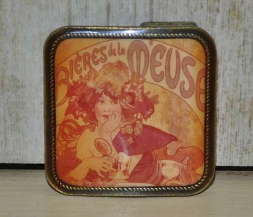 Vintage Brass Masterwork Belt Buckle decorated with Bieres de la Meuse by Alphonse Mucha c1970