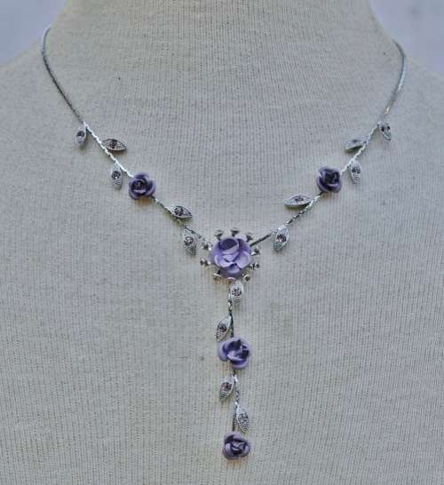 Vintage Designer Silver Tone and Purple Metal Roses and Crystal Necklace