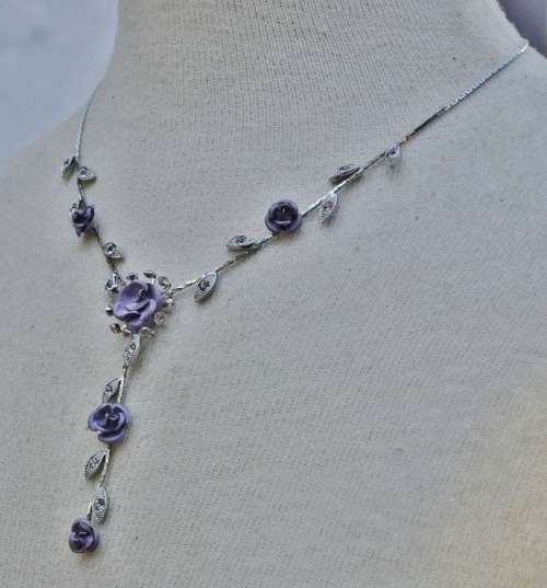 Vintage Designer Silver Tone and Purple Metal Roses and Crystal Necklace