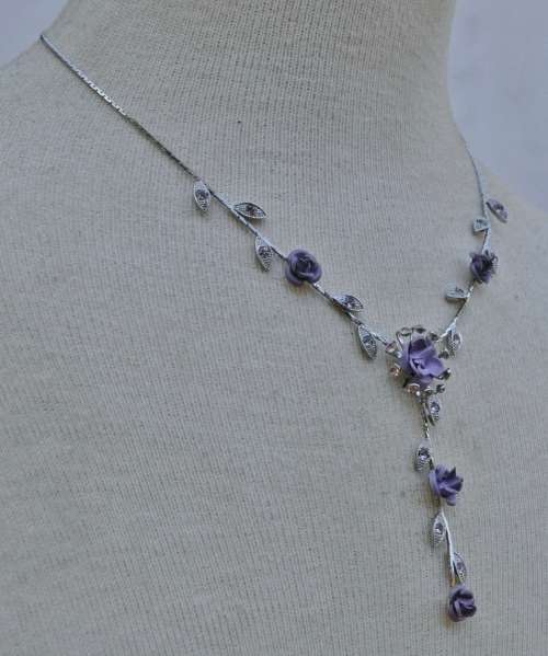 Vintage Designer Silver Tone and Purple Metal Roses and Crystal Necklace