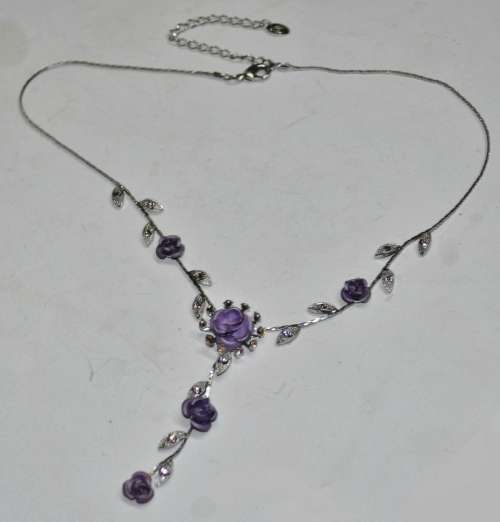 Vintage Designer Silver Tone and Purple Metal Roses and Crystal Necklace