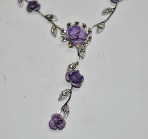 Vintage Designer Silver Tone and Purple Metal Roses and Crystal Necklace