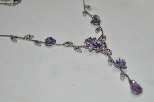 Vintage Designer Silver Tone and Purple Metal Roses and Crystal Necklace