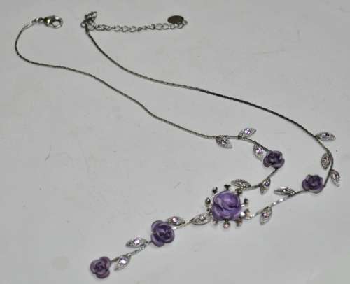 Vintage Designer Silver Tone and Purple Metal Roses and Crystal Necklace