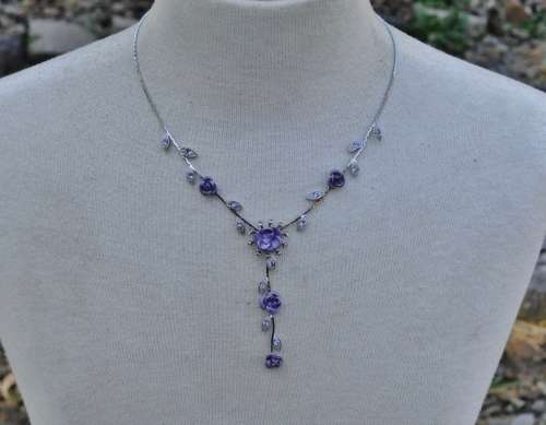 Vintage Designer Silver Tone and Purple Metal Roses and Crystal Necklace
